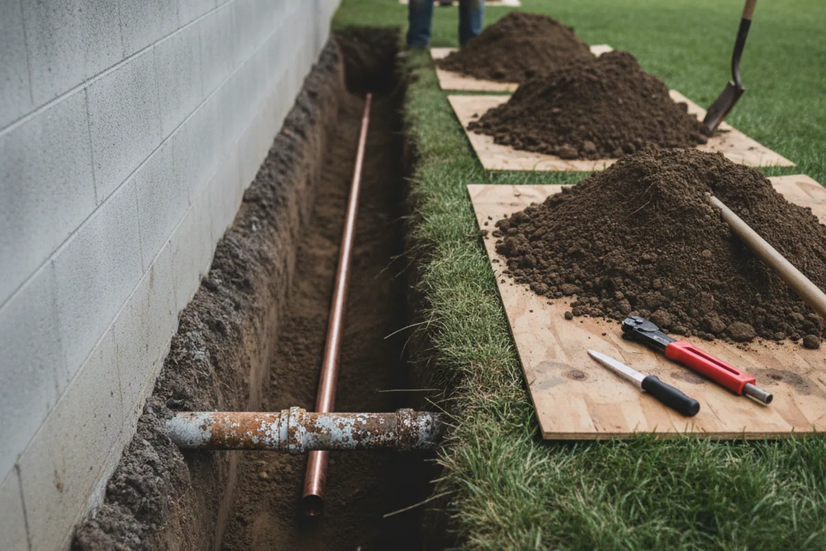 Excavated water line trench during Water Heater Repair in Cambridge